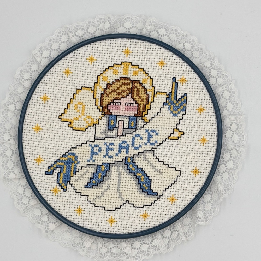 VTG Cross Stitch Angel Peace Lace Hoop 9x9 Lace Trim Christmas‎ Religious Decor